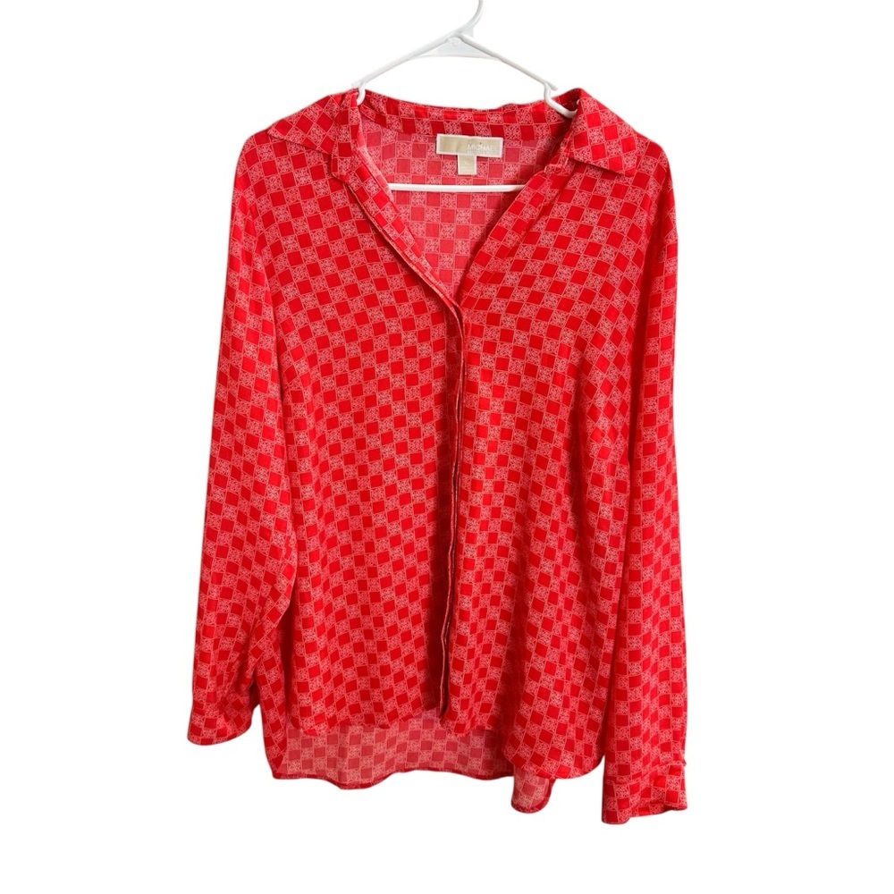 Michael Kors Red Checkered Button Down Shirt Long Sleeve 100%Polyester Size XL